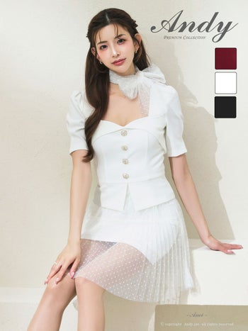 キャバドレス Andy 半袖 ドット柄 ネック リボン チュール ビジュー ボタン スクエアネック フレアミニドレス