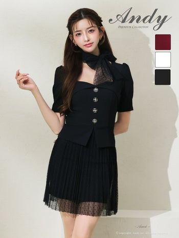 キャバドレス　Andy　ドット柄 半袖 ネック リボン チュール ビジュー ボタン スクエアネック フレアミニドレス