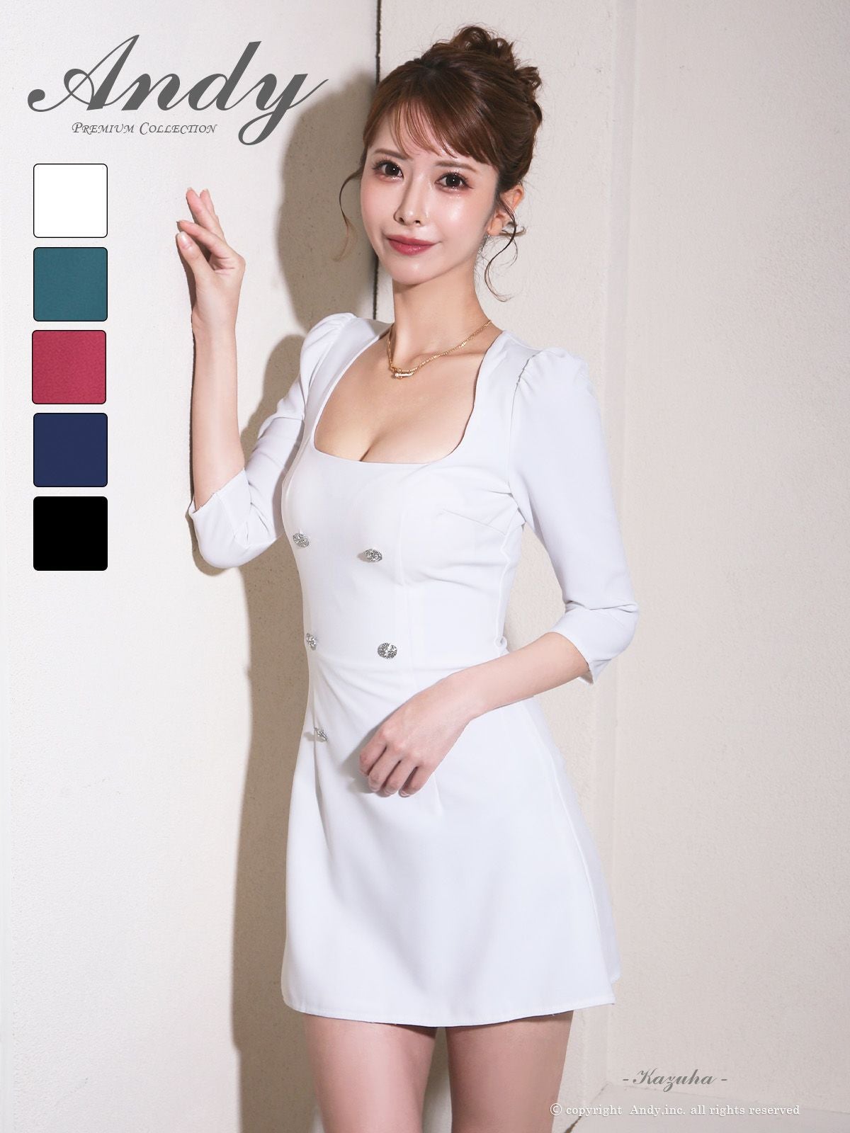 キャバドレス　Andy　スクエアネック ボタン ワンカラー 袖あり フレアミニドレス