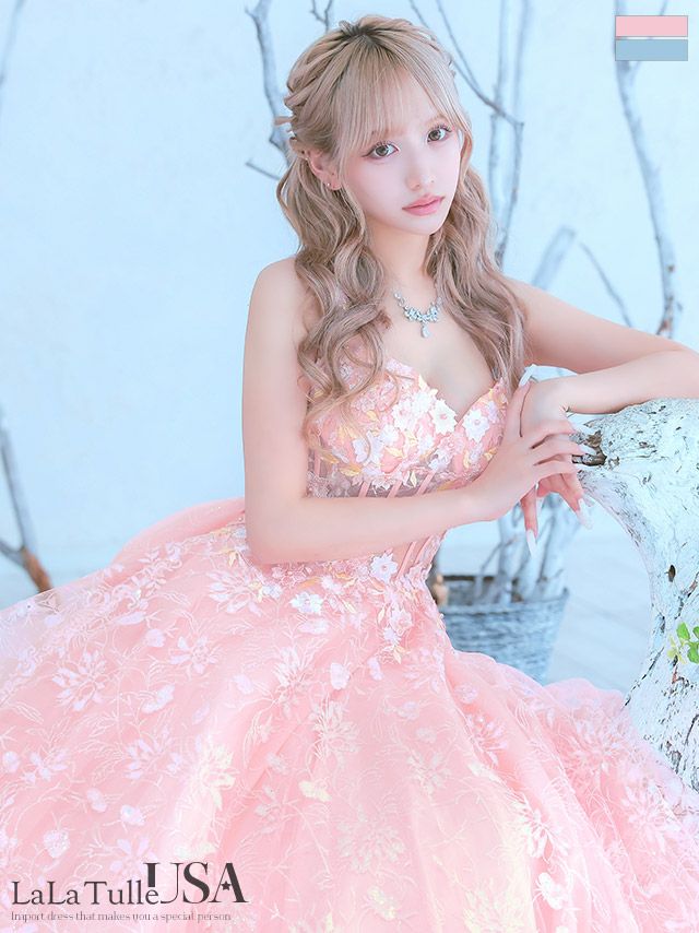 キャバドレス LaLaTulle USA インポート キャミソール オープンバスト 3Dフラワー 刺繍 レース バックリボン ラメ バースデー Aラインロングドレス