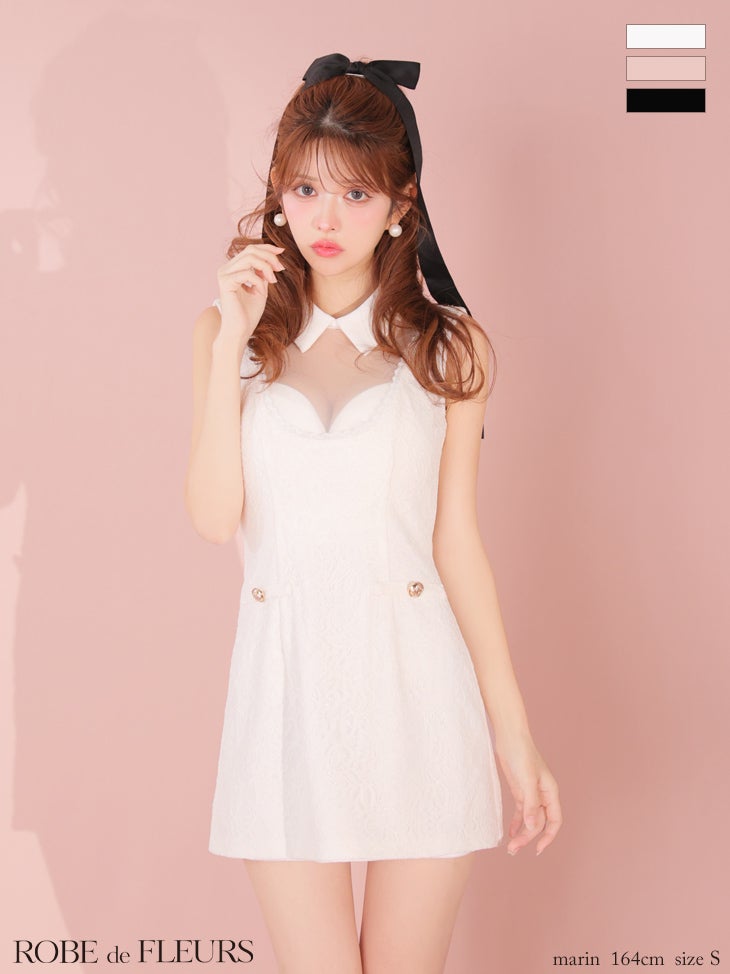 キャバドレス ROBEdeFLEURS ローブドフルール ノースリーブ 襟付き シースルー デコルテレース ゴールドボタン タイトミニドレス