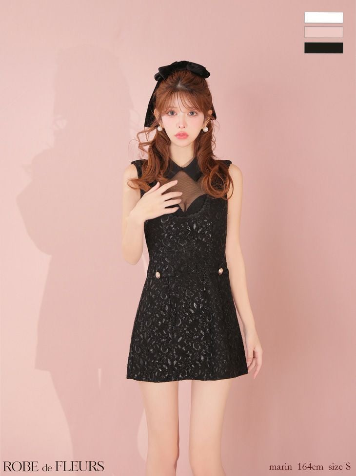 キャバドレス ROBEdeFLEURS ローブドフルール ノースリーブ ゴールドボタン 襟付き デコルテレース シースルー タイトミニドレス