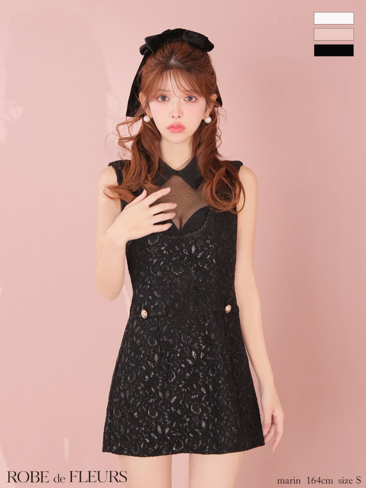 キャバドレス ROBEdeFLEURS ローブドフルール ノースリーブ ゴールドボタン 襟付き デコルテレース シースルー タイトミニドレス