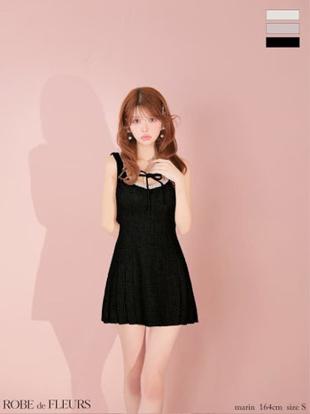 キャバドレス ROBEdeFLEURS ローブドフルール ビジューライン バストリボン プリーツスカート ノースリーブ ラメツイード フレアミニドレス