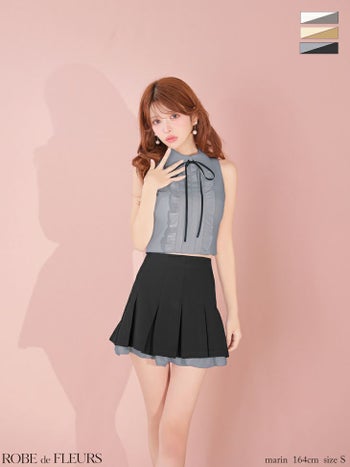 キャバドレス ROBEdeFLEURS ローブドフルール プリーツスカート ガーリー 襟付き フリル セットアップ ノースリーブ リボン フレアミニドレス