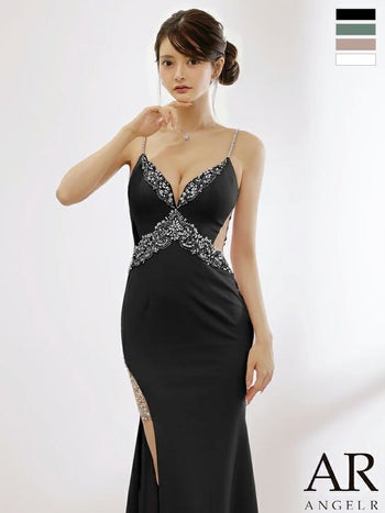 キャバドレス Angel R エンジェルアール フロントビジュー くびれ透け スリット キャミソール オープンバスト タイトロングドレス