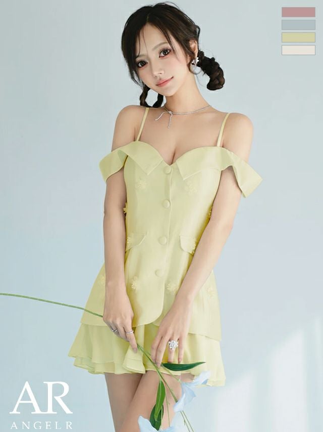キャバドレス Angel R エンジェルアール オープンバスト フロントボタン ポケット フラワー シフォン 肩あき フレアミニドレス