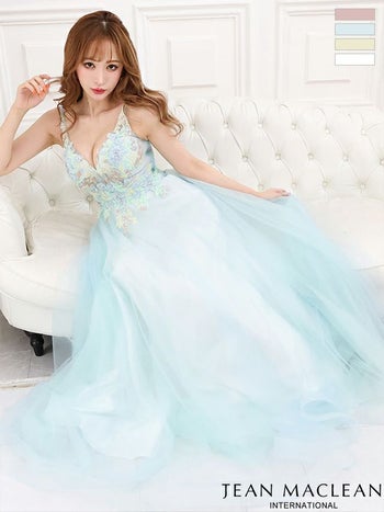 キャバドレス JEANMACLEAN ジャンマクレーン ノースリーブ 花柄 刺繍 チュール ハートカット バスーデー Aラインロングドレス