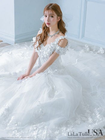 キャバドレス LaLaTulle USA インポート 肩あき オープンバスト 立体フラワー 刺繍 ビジュー バースデー Aラインロングドレス