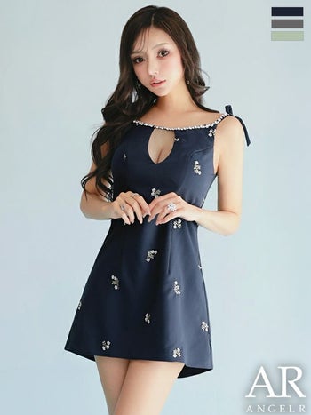 キャバドレス Angel R エンジェルアール バストカット フラワー刺繍 ビジュー キャミソール ショルダーリボン フレアミニドレス