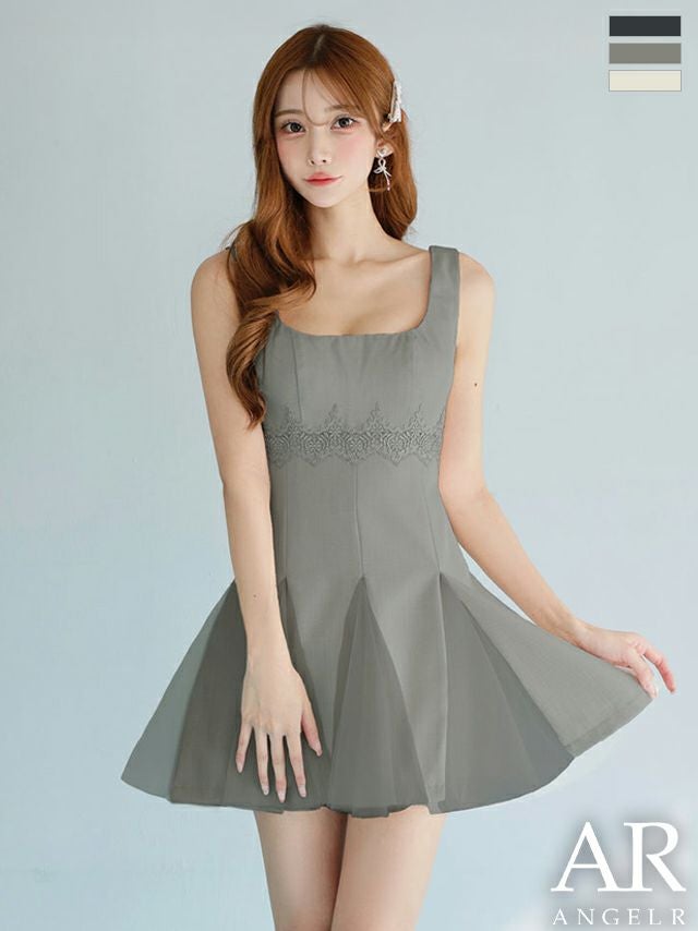 キャバドレス Angel R エンジェルアール 切り替えデザイン フラワーレース メッシュ プリーツスカート ノースリーブ フレアミニドレス
