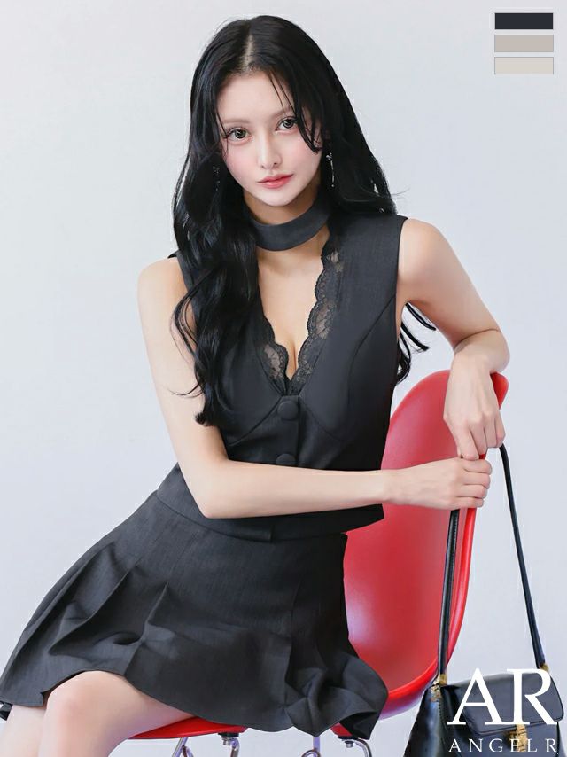 キャバドレス Angel R エンジェルアール チョーカーデザイン ノースリーブ レース ボタン プリーツスカート セットアップ フレアミニドレス