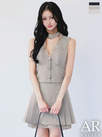 キャバドレス Angel R エンジェルアール ノースリーブ レース ボタン プリーツスカート セットアップ チョーカーデザイン フレアミニドレス