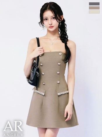 キャバドレス Angel R エンジェルアール キャミソール 袖付き Wボタン ビジュー フェイクポケット ベアトップ フレアミニドレス