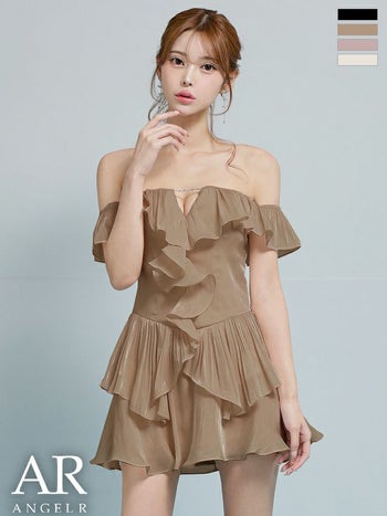 キャバドレス Angel R エンジェルアール 肩あき バストカット ビジューチェーン フリル シフォン オフショルダー フレアミニドレス