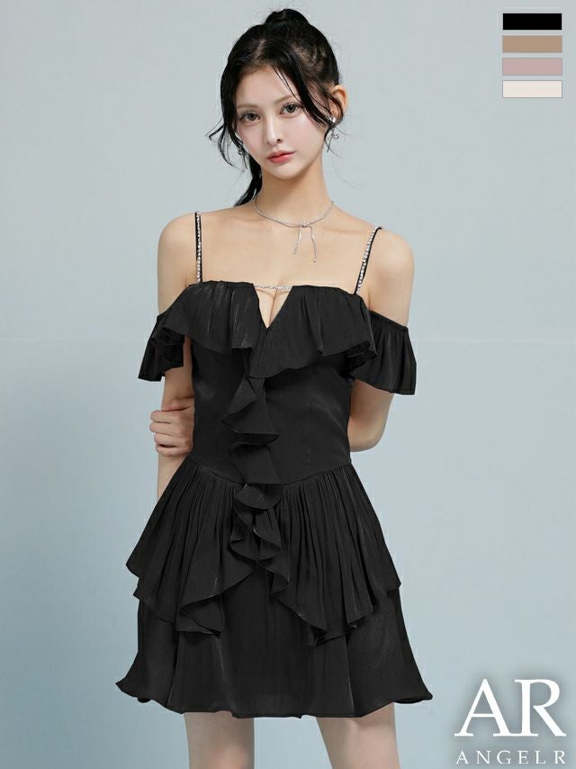 キャバドレス Angel R エンジェルアール バストカット ビジューチェーン フリル シフォン オフショルダー 肩あき フレアミニドレス