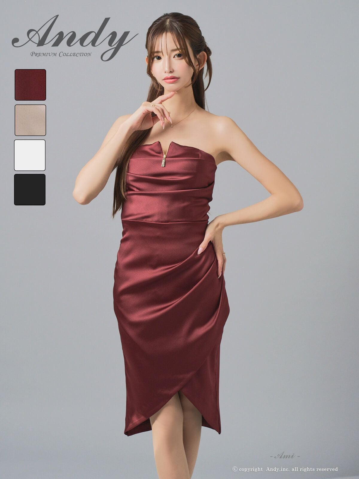 Andy/アンディ】ジップデザイン ワンカラー サテン ベア タイトミニ