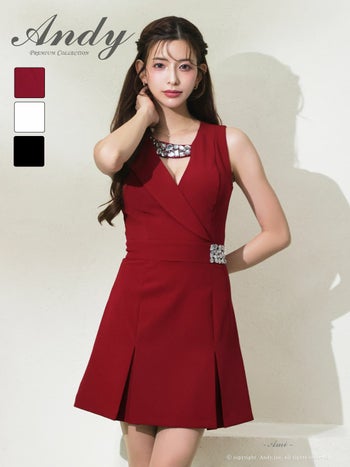 キャバドレス Andy バストカット ノースリーブ ビジュー タック ウエストベルト プリーツ 襟付き フレアミニドレス