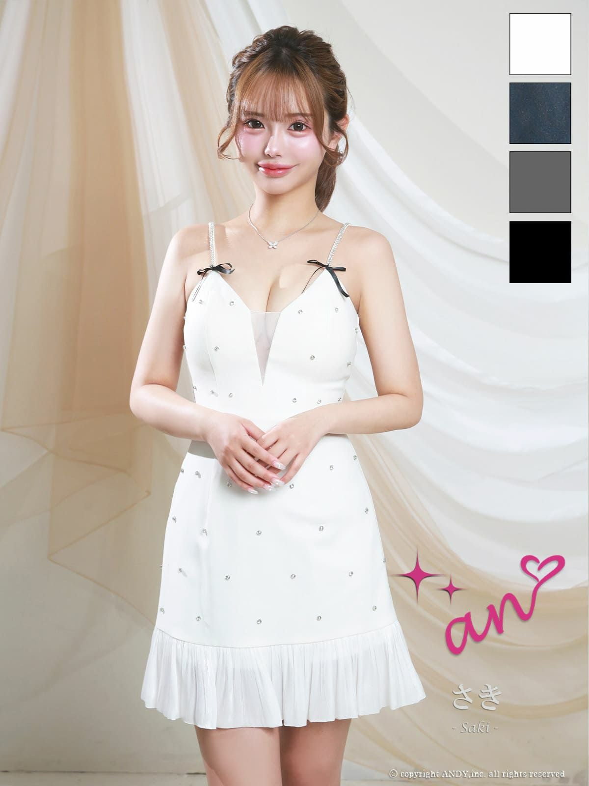 キャバドレス an ドット柄 キャミソール バストシースルー ビジュー リボン プリーツ フレアミニドレス