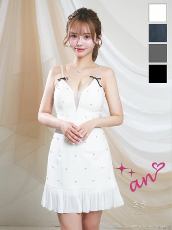 キャバドレス an ドット柄 キャミソール バストシースルー ビジュー リボン プリーツ フレアミニドレス