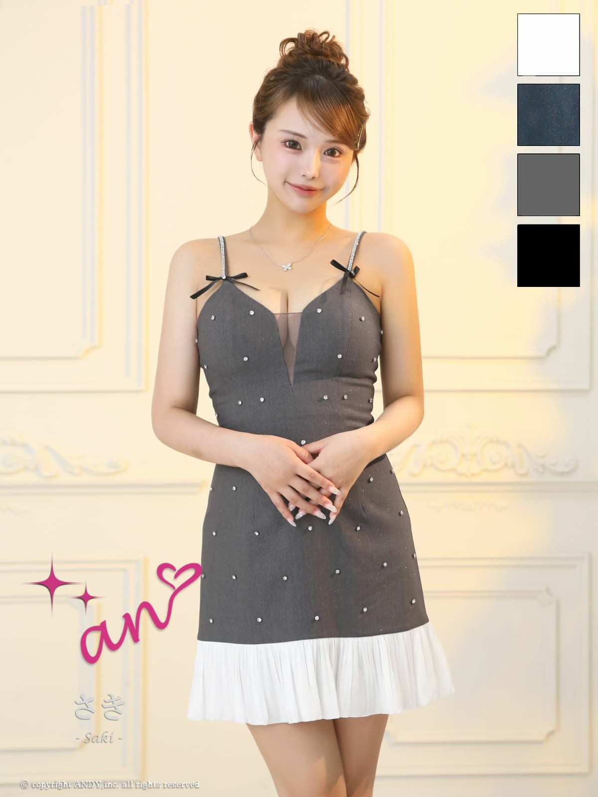 キャバドレス an ドット柄 バストシースルー キャミソール ビジュー リボン プリーツ フレアミニドレス