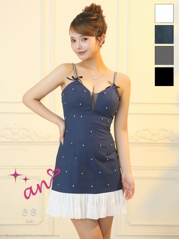 キャバドレス an ドット柄 バストシースルー ビジュー キャミソール リボン プリーツ フレアミニドレス
