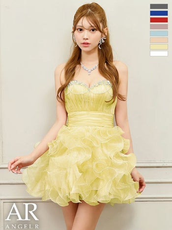 キャバドレス Angel R エンジェルアール パールチェーン ウエストマーク フリル バースデー ベアトップス ハートカット キャミソール ビジュー フレアミニドレス