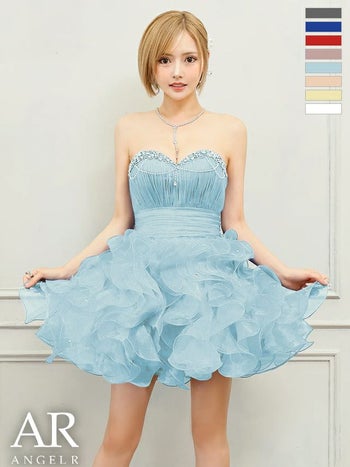 キャバドレス Angel R エンジェルアール ウエストマーク フリル バースデー ベアトップス ハートカット キャミソール ビジュー パールチェーン フレアミニドレス