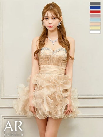 キャバドレス Angel R エンジェルアール フリル バースデー ベアトップス ハートカット キャミソール ビジュー パールチェーン ウエストマーク フレアミニドレス