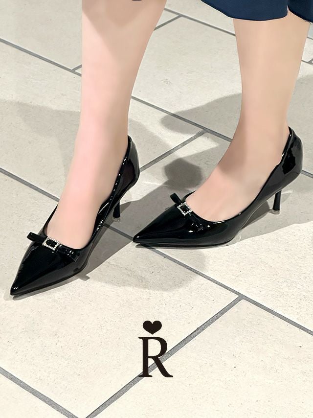 キャバヒール リボン エナメル ポインテッドトゥ パンプス