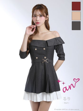 an/アン】ストライプ 袖あり オフショルダー 飾りボタン プリーツ ベルト フレアミニドレス