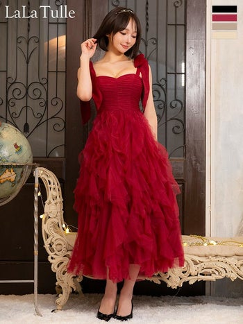 キャバドレス ROBEdeFLEURS ローブドフルール ノースリーブ チュール リボンショルダー ボリューム Aラインロングドレス