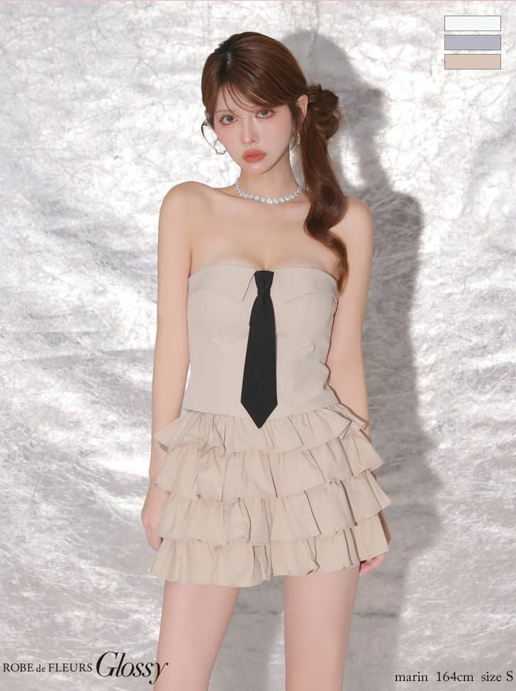 キャバドレス Glossy by ROBE de FLEURS グロッシー キャミソール ネクタイ付き ティアードフリル セットアップ 2way ベア フレアミニドレス