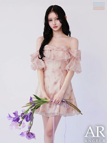 キャバドレス Angel R エンジェルアール 肩あき フリル 花柄 2way オフショルダー フレアミニドレス