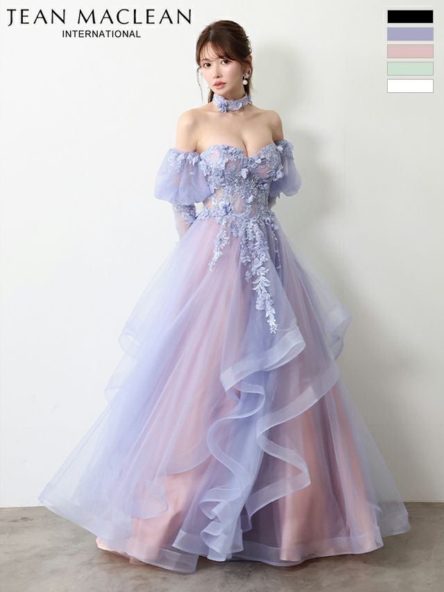 キャバドレス JEANMACLEAN ジャンマクレーン ベアトップ フラワーレース 長袖 パフスリーブ チョーカー付き バースデー Aラインロングドレス