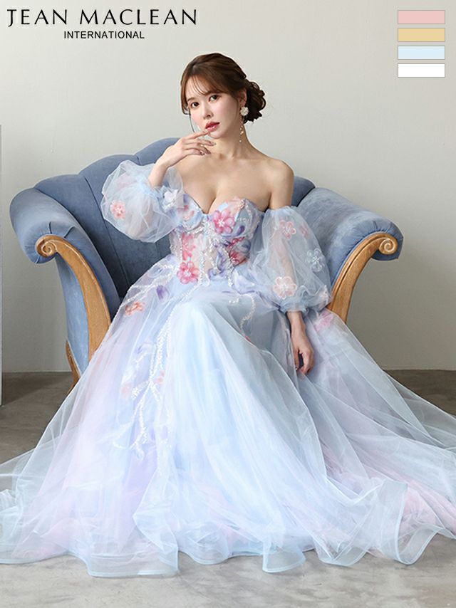 キャバドレス JEANMACLEAN ジャンマクレーン ベアトップ フラワーレース 長袖 パフスリーブ レースアップ バースデー Aラインロングドレス