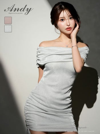 キャバドレス Andy オフショルダー ラメ ギャザー ドロスト リボン タイトミニドレス