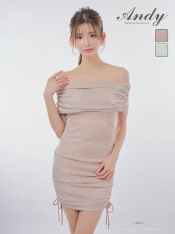 キャバドレス Andy ラメ オフショルダー ギャザー ドロスト リボン タイトミニドレス