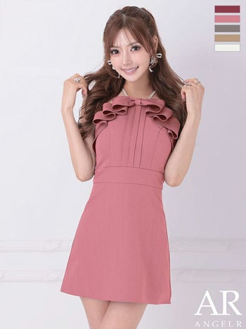 キャバドレス Angel R エンジェルアール キャミソール フリルリボン ガーリー パールショルダー フレアミニドレス