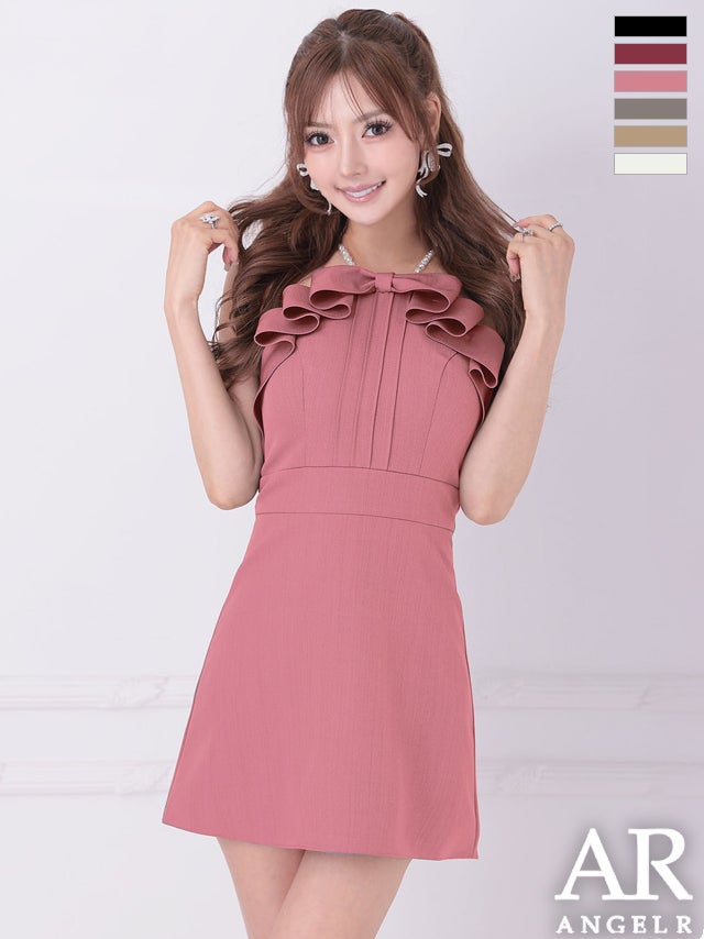 キャバドレス Angel R エンジェルアール キャミソール フリルリボン ガーリー パールショルダー フレアミニドレス