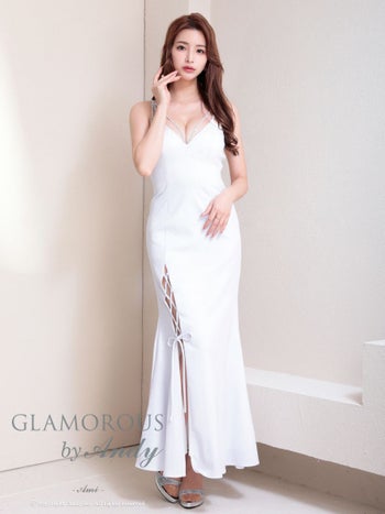 キャバドレス GLAMOROUS スリット ラインストーン レースアップ キャミソール リボン ラメ タイトロングドレス