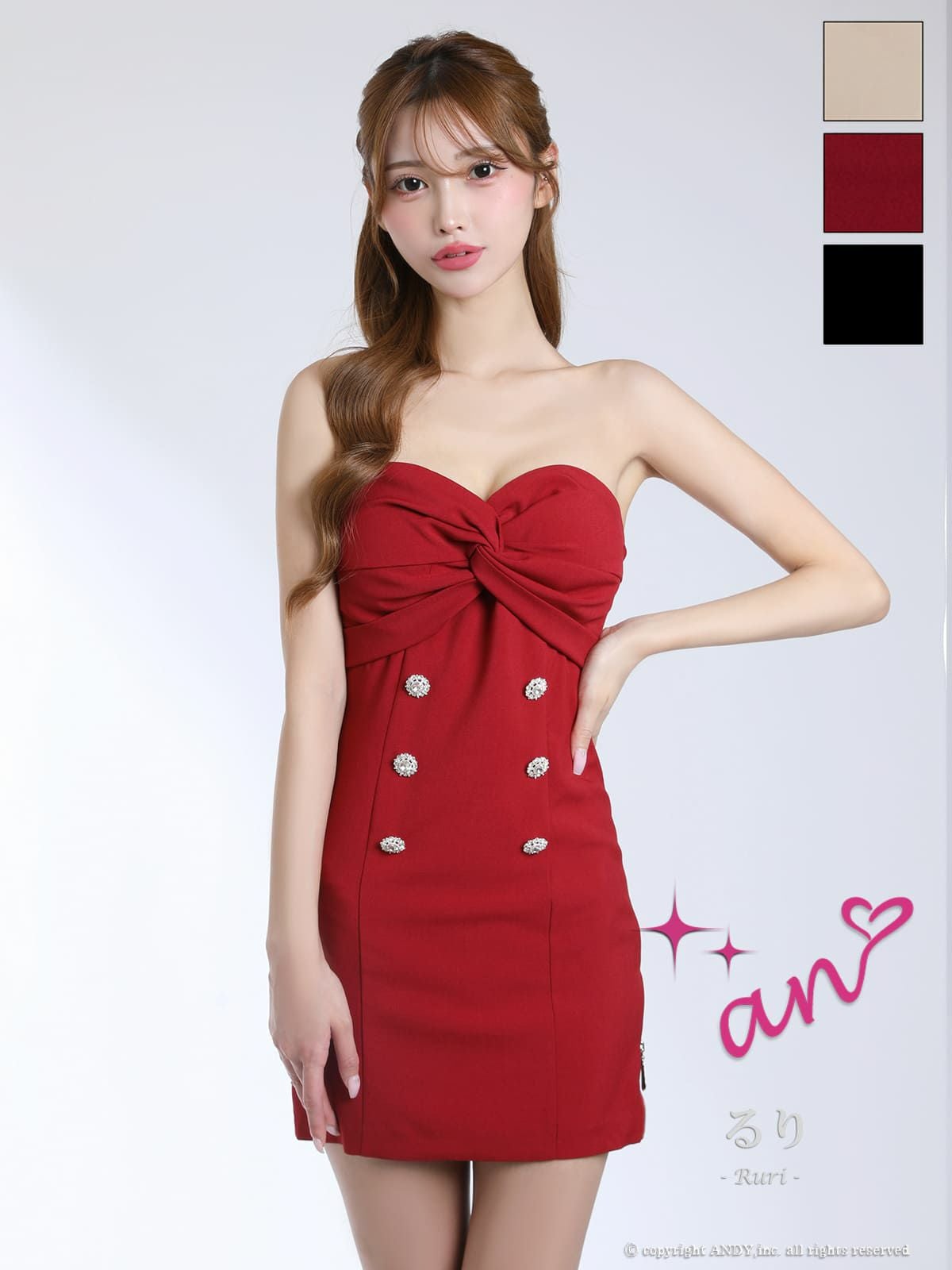 キャバドレス an ベアトップ ジップデザイン スリット リボン風 ギャザー ビジュー ボタン タイトミニドレス