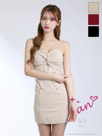 キャバドレス an ジップデザイン ベアトップ スリット リボン風 ギャザー ビジュー ボタン タイトミニドレス