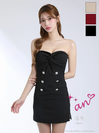 キャバドレス an ジップデザイン スリット ベアトップ リボン風 ギャザー ビジュー ボタン タイトミニドレス