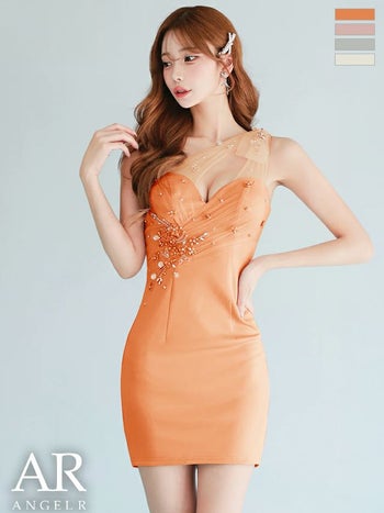 キャバドレス Angel R エンジェルアール フラワー チュール ワンショルダー リボン メッシュ ビジュー タイトミニドレス