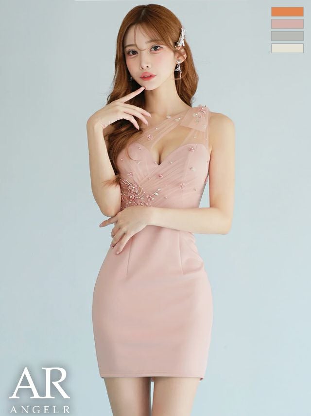 キャバドレス Angel R エンジェルアール ワンショルダー メッシュ ビジュー リボン フラワー チュール タイトミニドレス