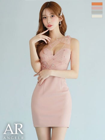 キャバドレス Angel R エンジェルアール ワンショルダー メッシュ ビジュー リボン フラワー チュール タイトミニドレス