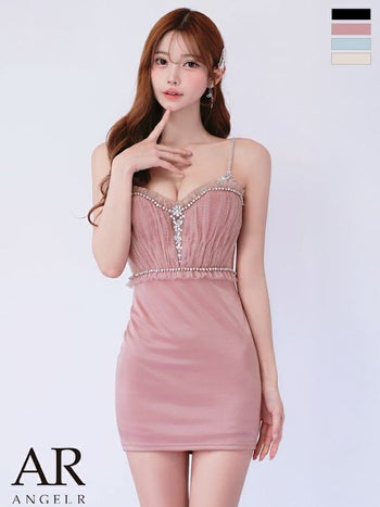 キャバドレス Angel R エンジェルアール チュール フロントメッシュ キャミソール くびれ透け フリル Vカット ビジュー タイトミニドレス