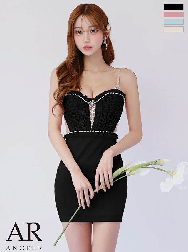 キャバドレス Angel R エンジェルアール フロントメッシュ フリル キャミソール くびれ透け チュール Vカット ビジュー タイトミニドレス