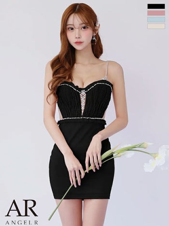 キャバドレス Angel R エンジェルアール フロントメッシュ フリル キャミソール くびれ透け チュール Vカット ビジュー タイトミニドレス